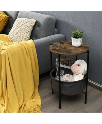 Industrial Round End Side Table Sofa Coffee Table w/ Storage Basket&Metal Frame