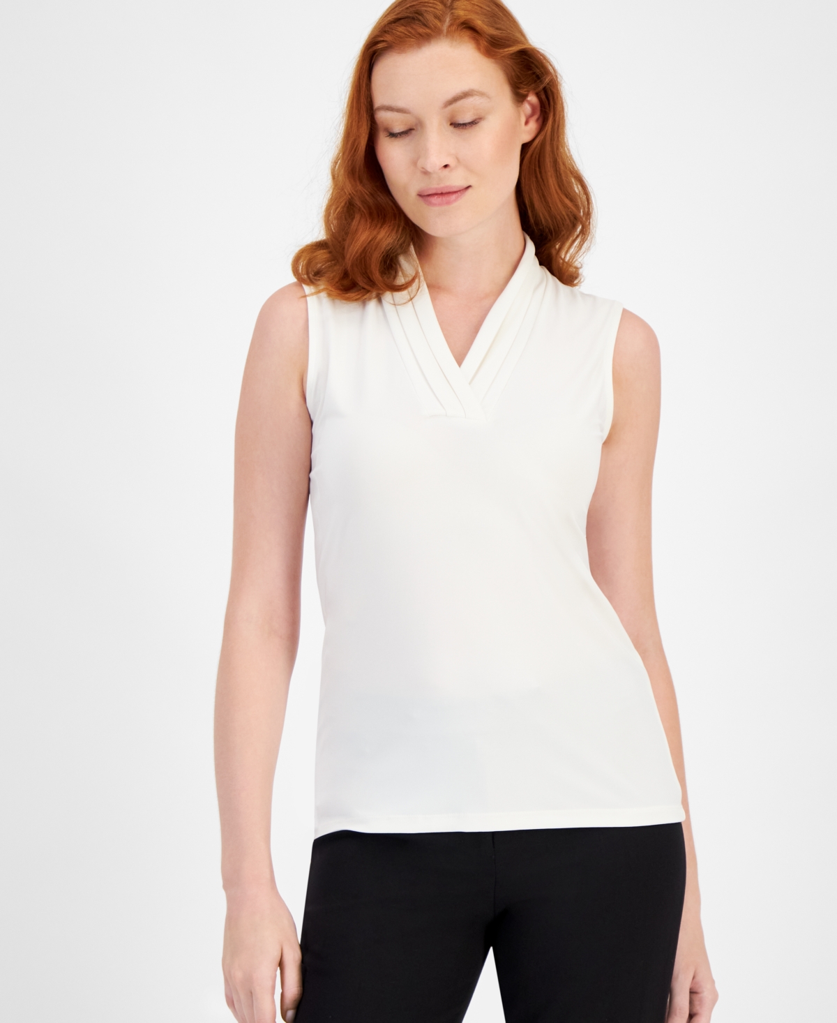 Shop Anne Klein Women's Pleated-neck Printed Sleeveless Top In Anne White