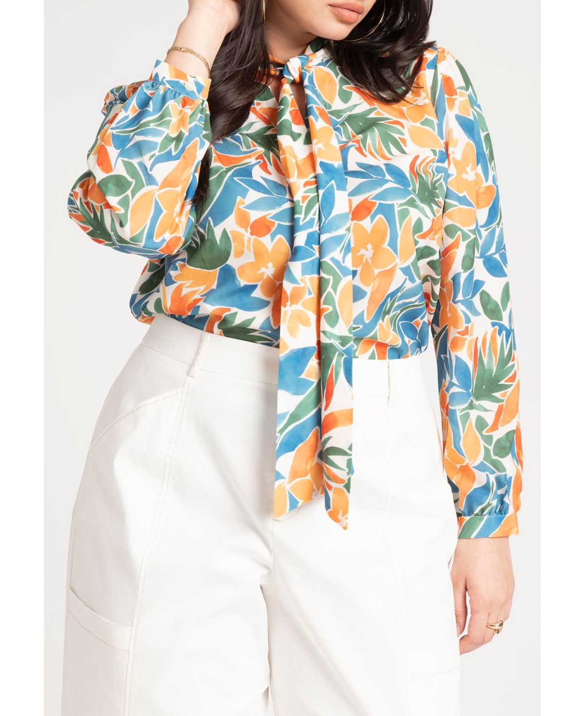 Eloquii Women's Printed Tie Neck Blouse