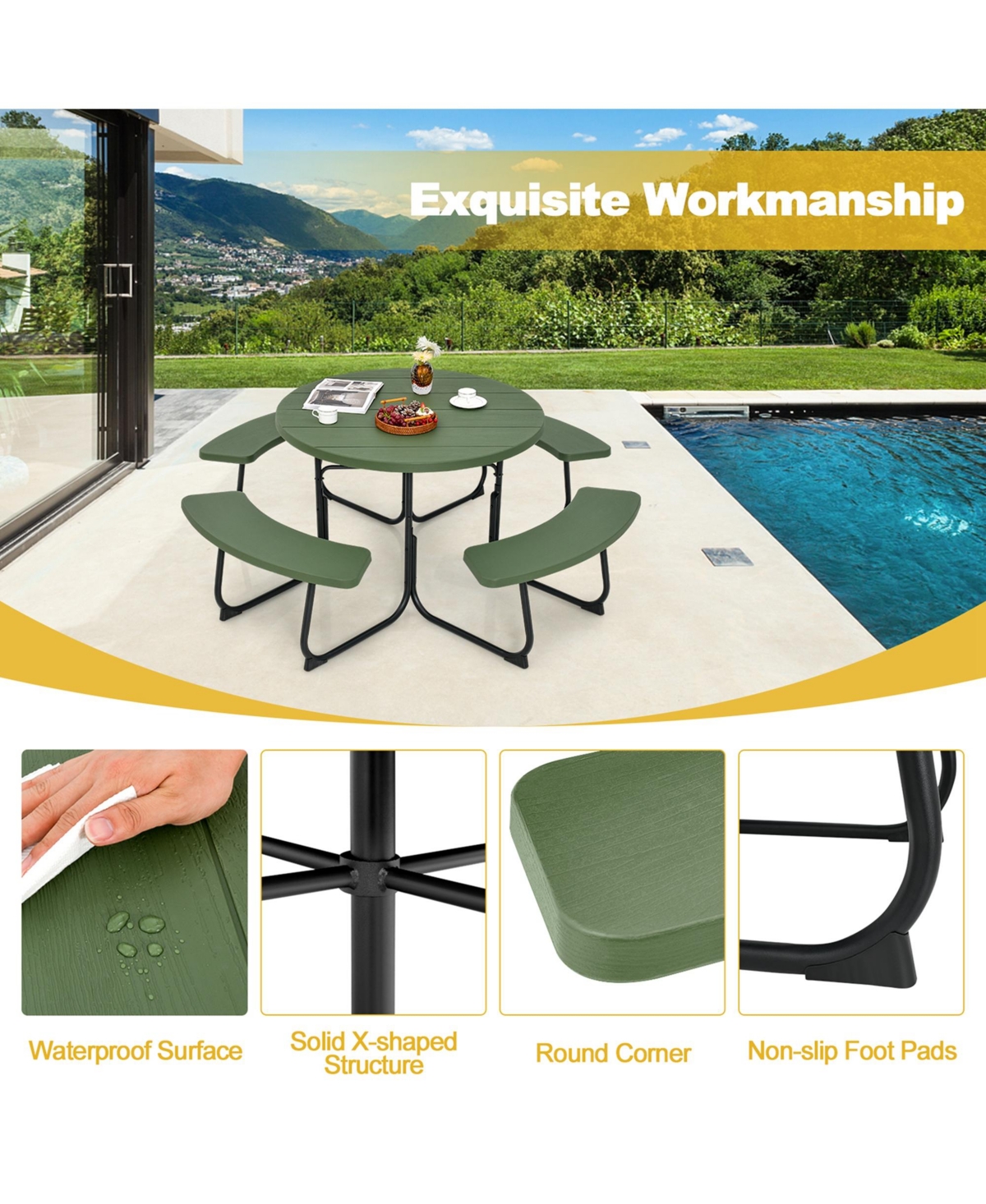 Outdoor 8-person Round Picnic Table Bench Set with 4 Benches & Umbrella Hole