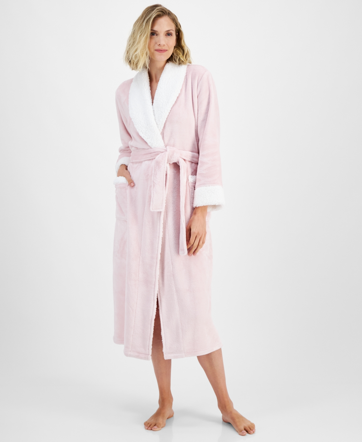 CHARTER CLUB WOMEN'S LONG PLUSH FLEECE-TRIM ROBE, CREATED FOR MACY'S 