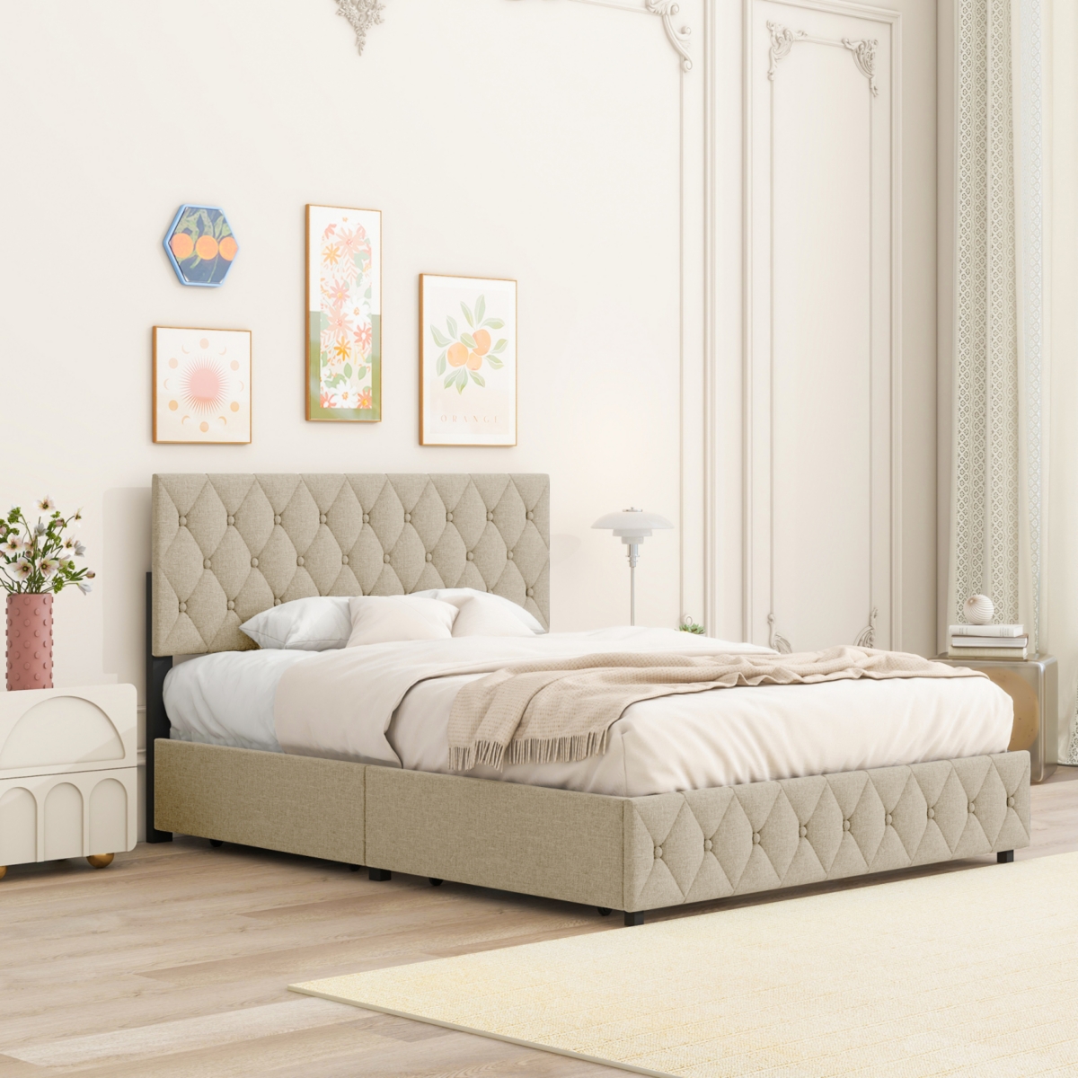 Streamdale Furniture Size Upholstered Platform Bed Frame with 4 Storage Drawers, Adjustable Linen Headboard, Wooden Slats Support, No Box Spring