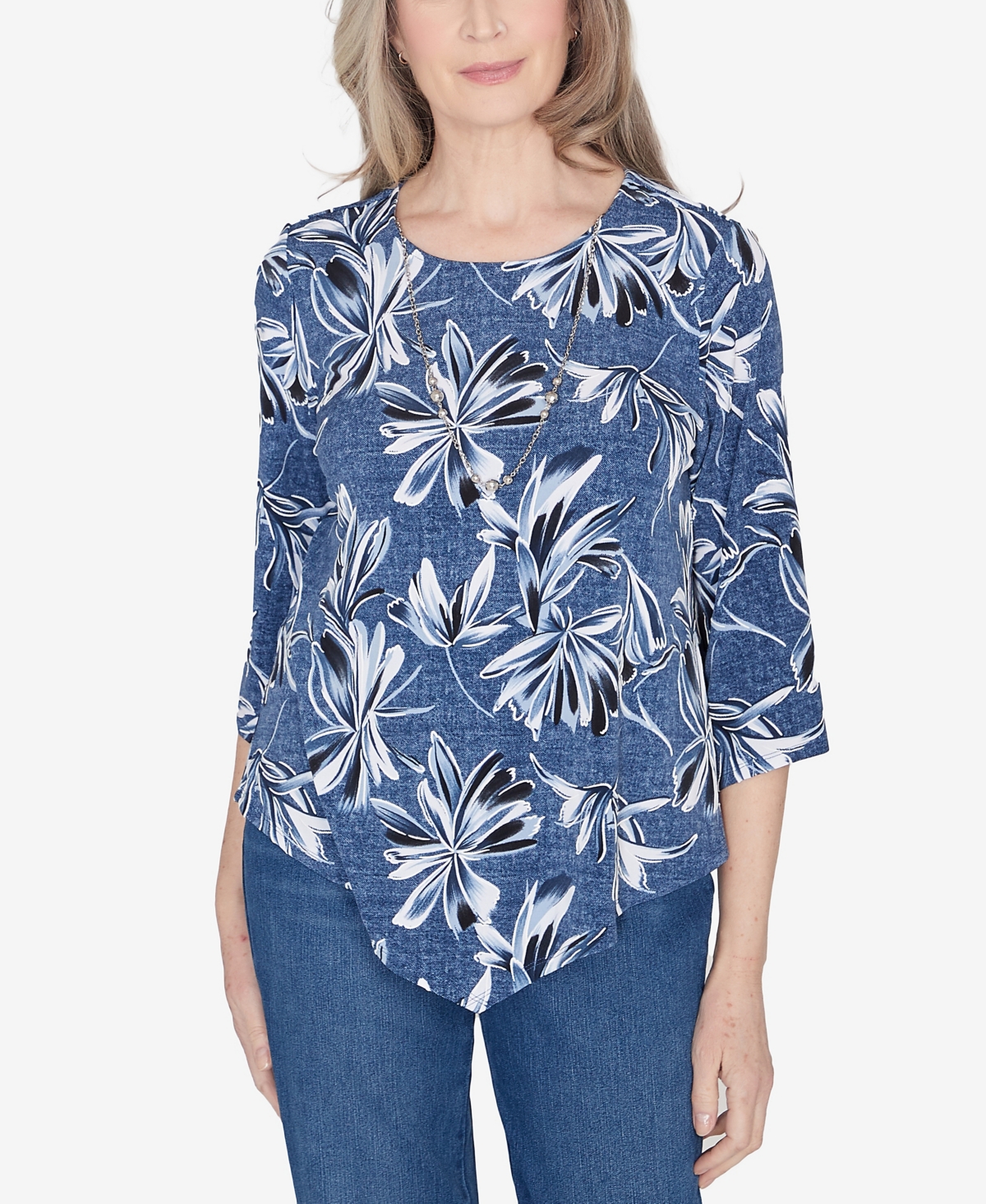 Alfred Dunner Classic Elegant Flower Top With Necklace In Denim