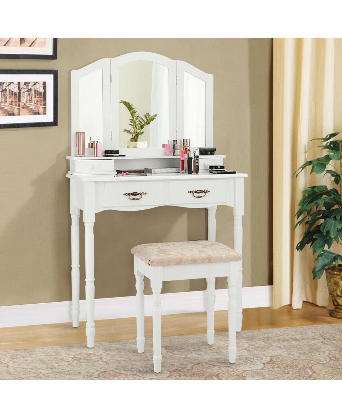Sugift Simple Vanity Set with Tri-Folding Mirror Drawers and Storage Shelf