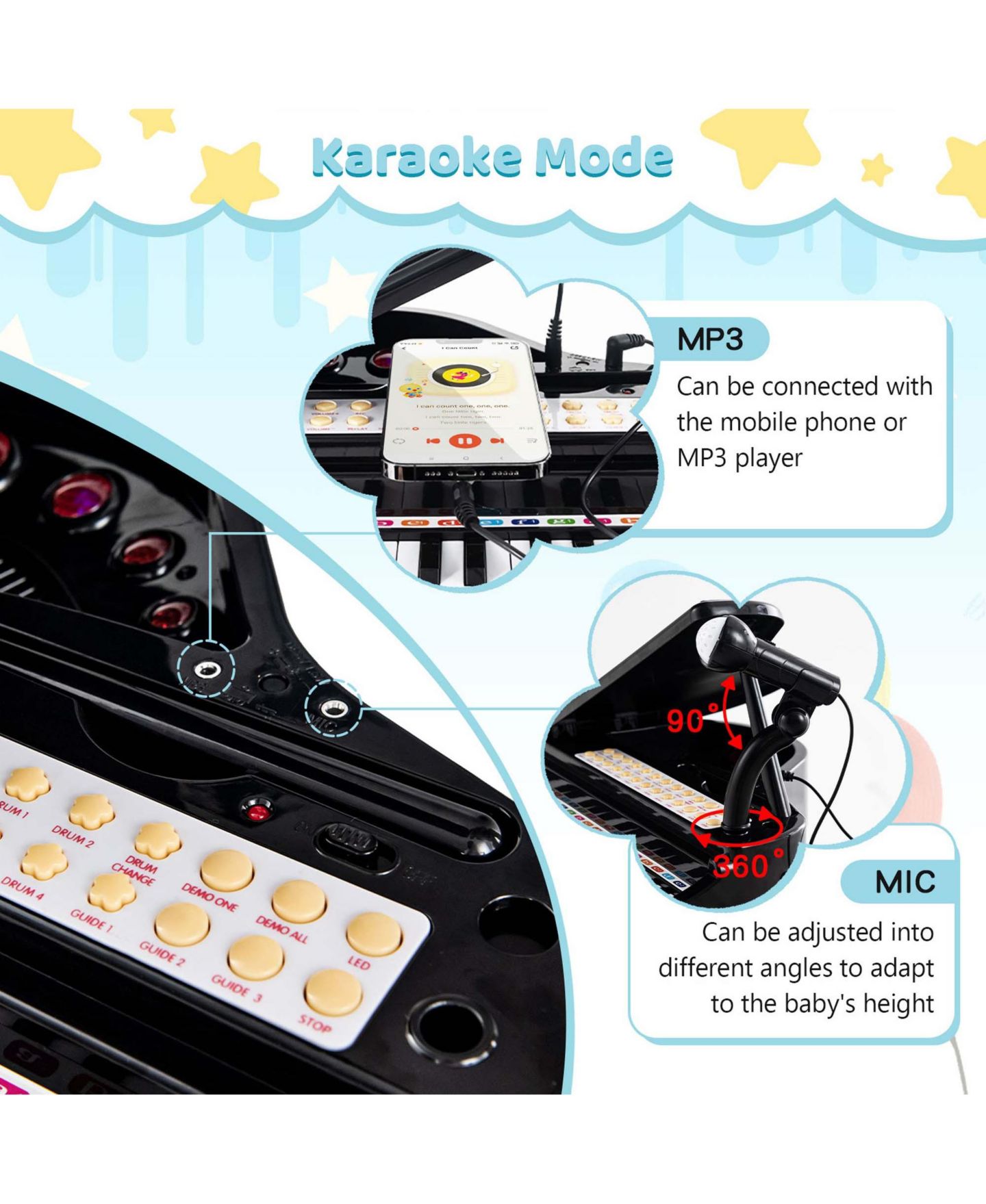 Детские игрушки Costway 31-Key Kids Piano Keyboard LED Teaching 3-Piece Set Musical Toy, Ages 3+, цвет: Чёрный — фото 7