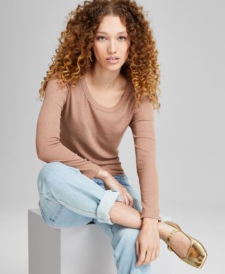 And Now This - Women's Ribbed Scoop-Neck Long-Sleeve Top,