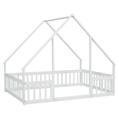 Full Wood House-Shaped Floor Bed with Fence, Guardrails, White