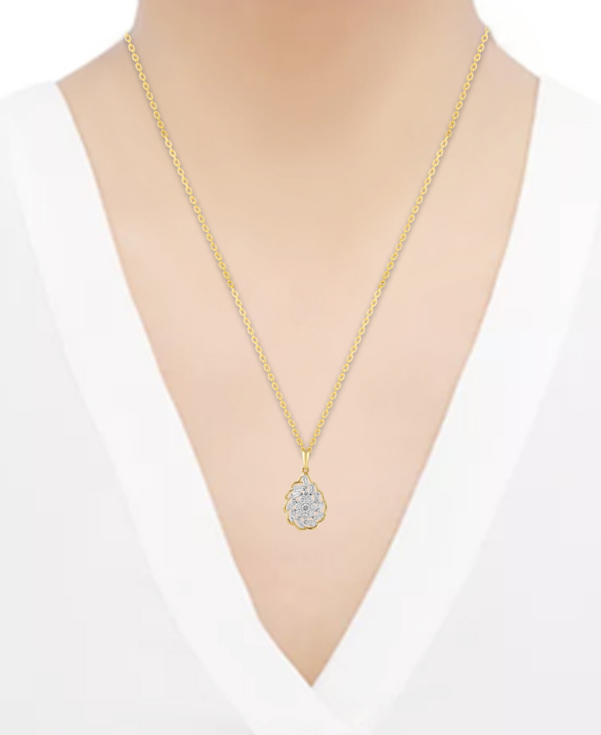 Macy's Diamond Round & Baguette Swirl Cluster Pendant Necklace In 10k Gold, 16" + 2" Extender In Yellow Gold