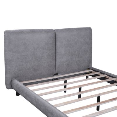 Streamdale Queen Platform Bed with Headrests, Beige Fabric