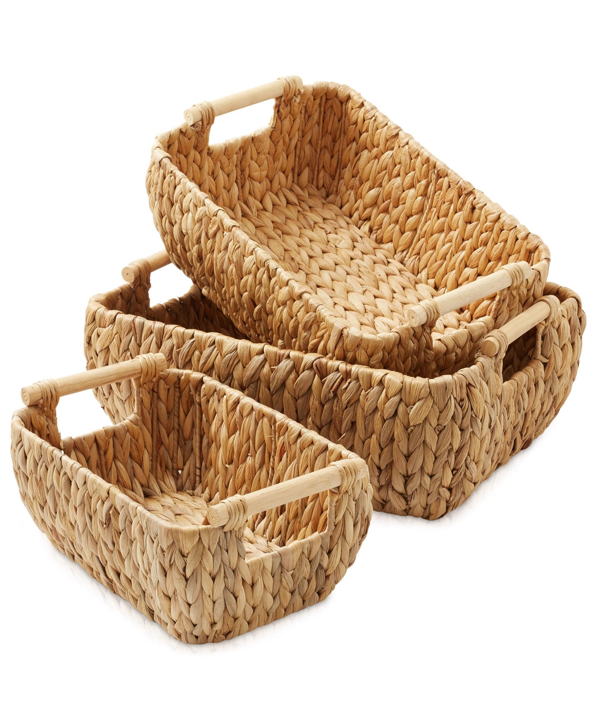 (Set of 2) Water Hyacinth Oval Storage Baskets with Wooden Handles - Small Woven Bin Organizers - Natural - hyacinth