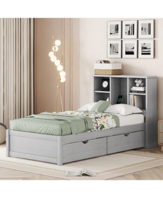 Modern Twin Bed Frame with USB, Headboard Bookcase & Drawers