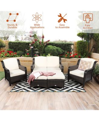 5PCS Patio Rattan Furniture Set Loveseat Sofa Ottoman