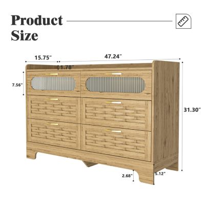 Elegant 6-Drawer Dresser with Woven Wood Cabinet Top and Gold Handles