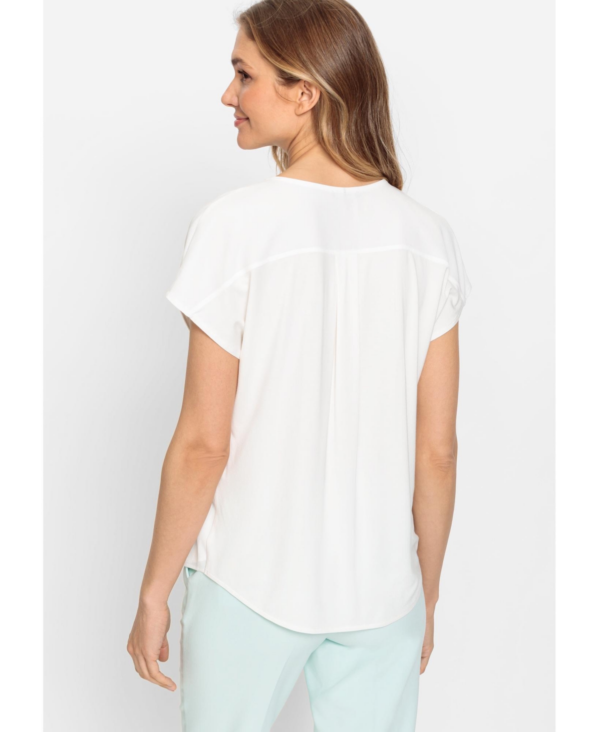 Olsen Women's Short Sleeve Split Neck Mixed Media Top