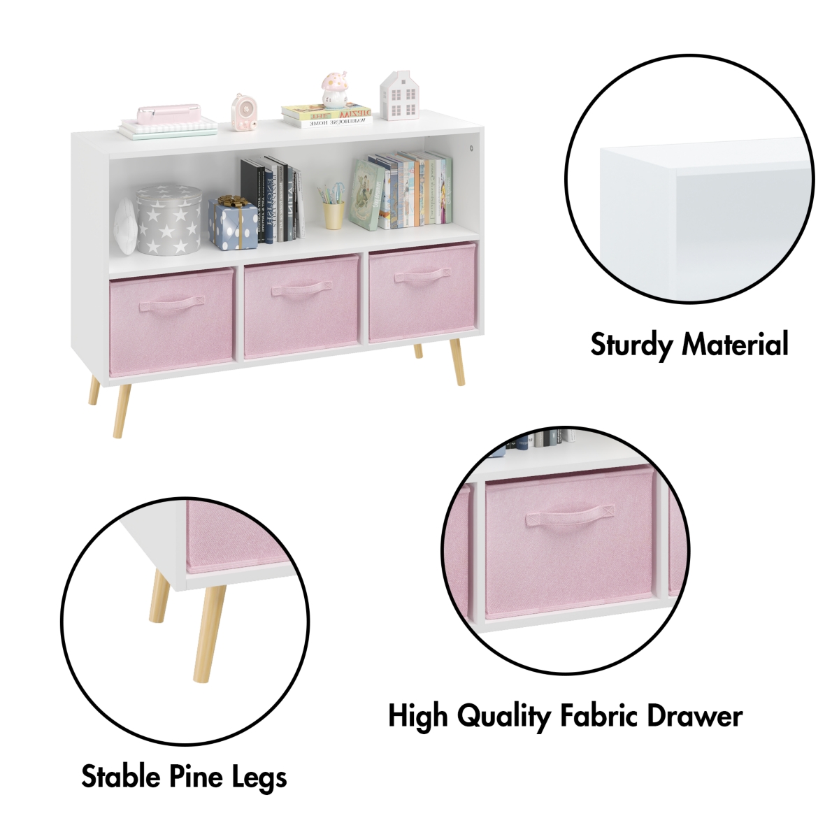 Streamdale Furniture Kids Bookcase with Collapsible Drawers, Toy Storage Organizer - White+pink
