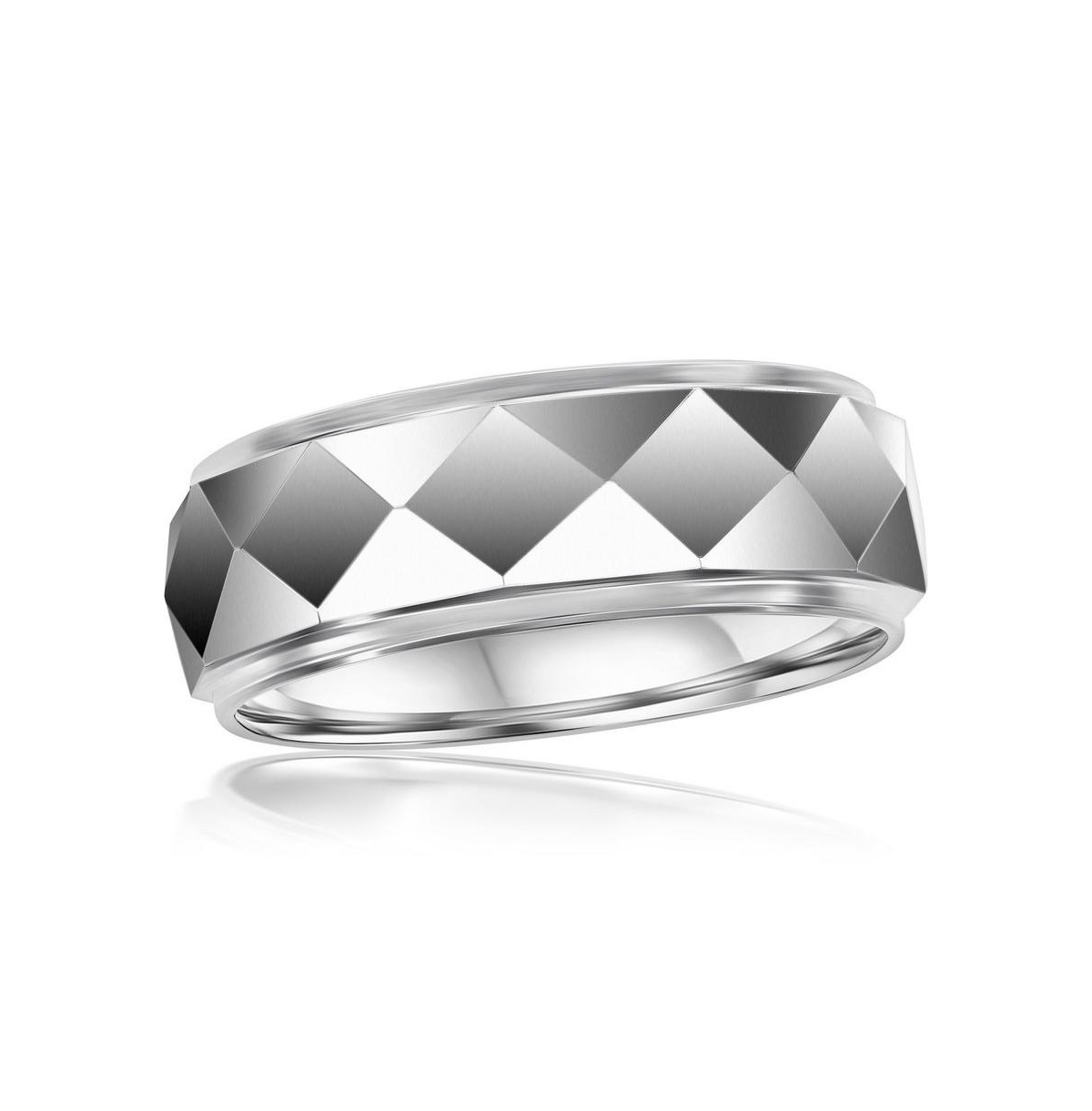 High Polished Diamond Design Faceted Tungsten Ring - Silver