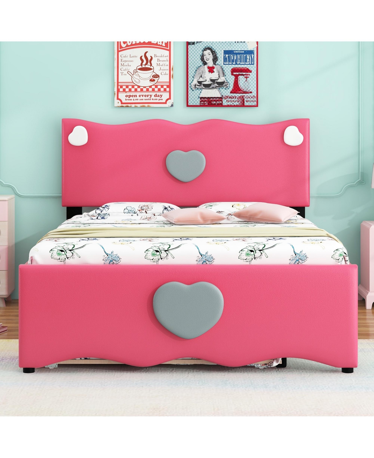 Streamdale Furniture Size Upholstered Platform Bed with Trundle and Heart Shaped Decoration,- Dark pink