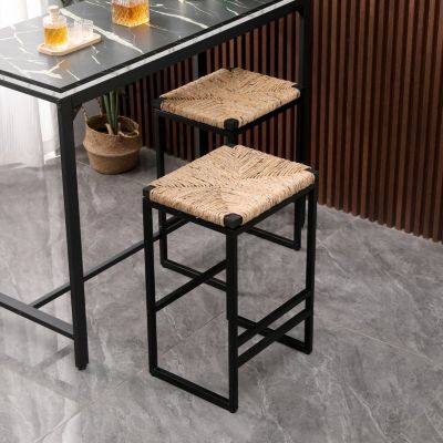 2 Water Hyacinth Woven Bar Stools With Footrest