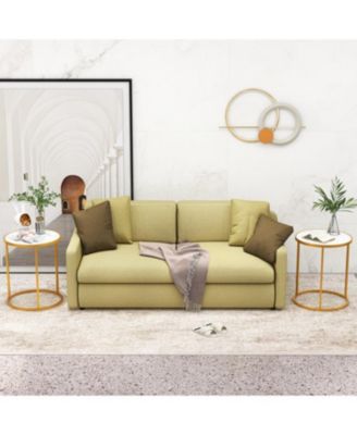 Set of 2 Round Side Tables with Marble Top and Gold Metal Frame for Living Room