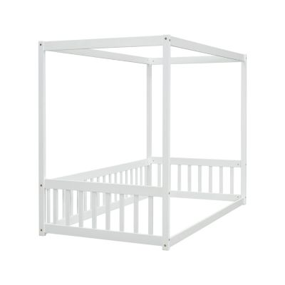Twin Size Canopy Frame Floor Bed with Fence, Guardrails