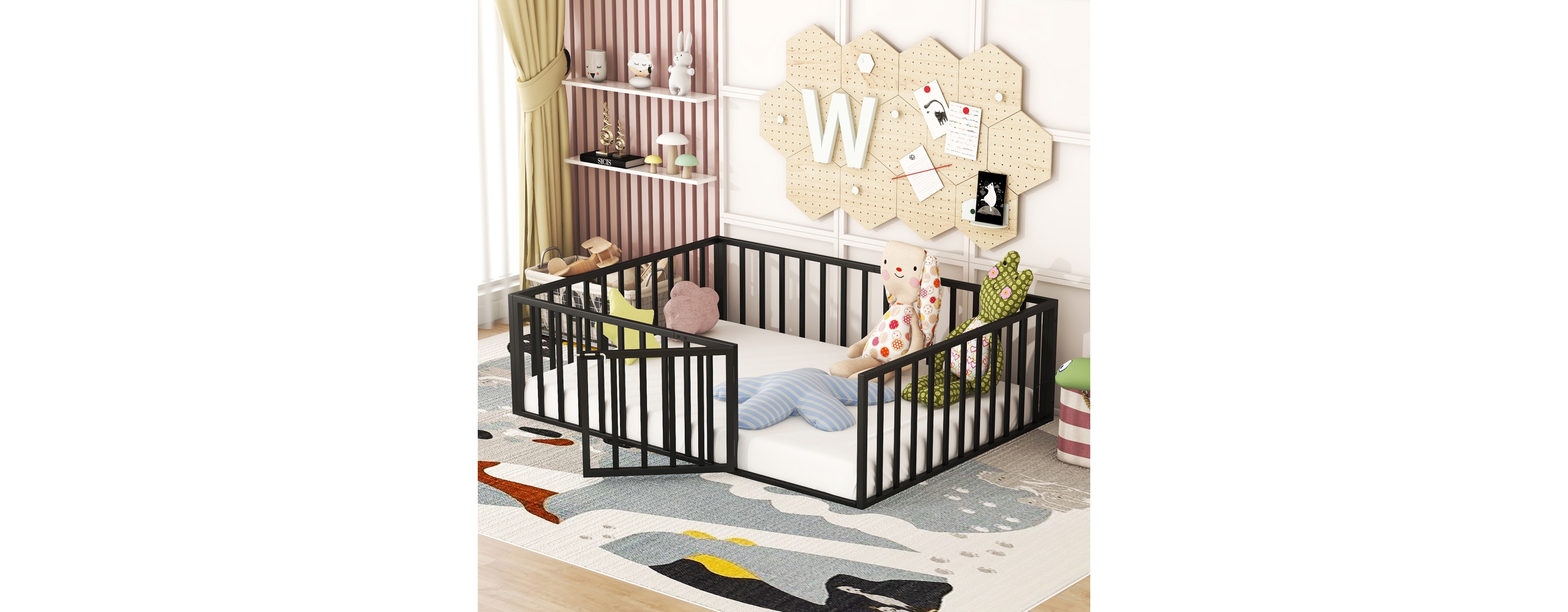 Streamdale Full Metal Floor Bed Frame with Fence and Door, White