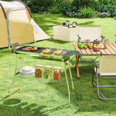 Portable Folding Charcoal BBQ Grill with Pan Storage Shelf Hooks