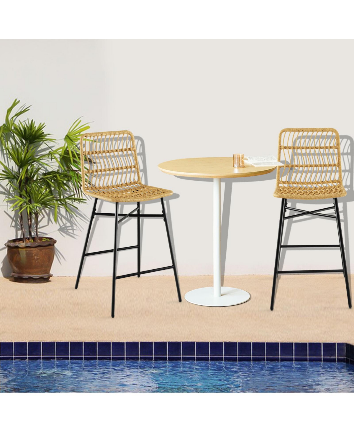 Slickblue Set of 2 Rattan Bar Stools with Sturdy Metal Frame-Natural - Natural and Black