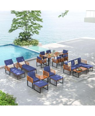 3 Pieces Patio Acacia Wood Conversation Set with Cushioned Armchairs-Navy