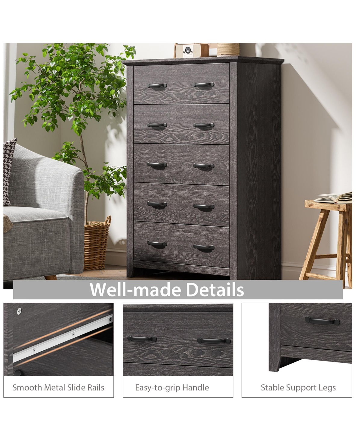 Costway 5 Drawer Chest Storage Dresser Tall Cabinet Organizer Bedroom Hallway