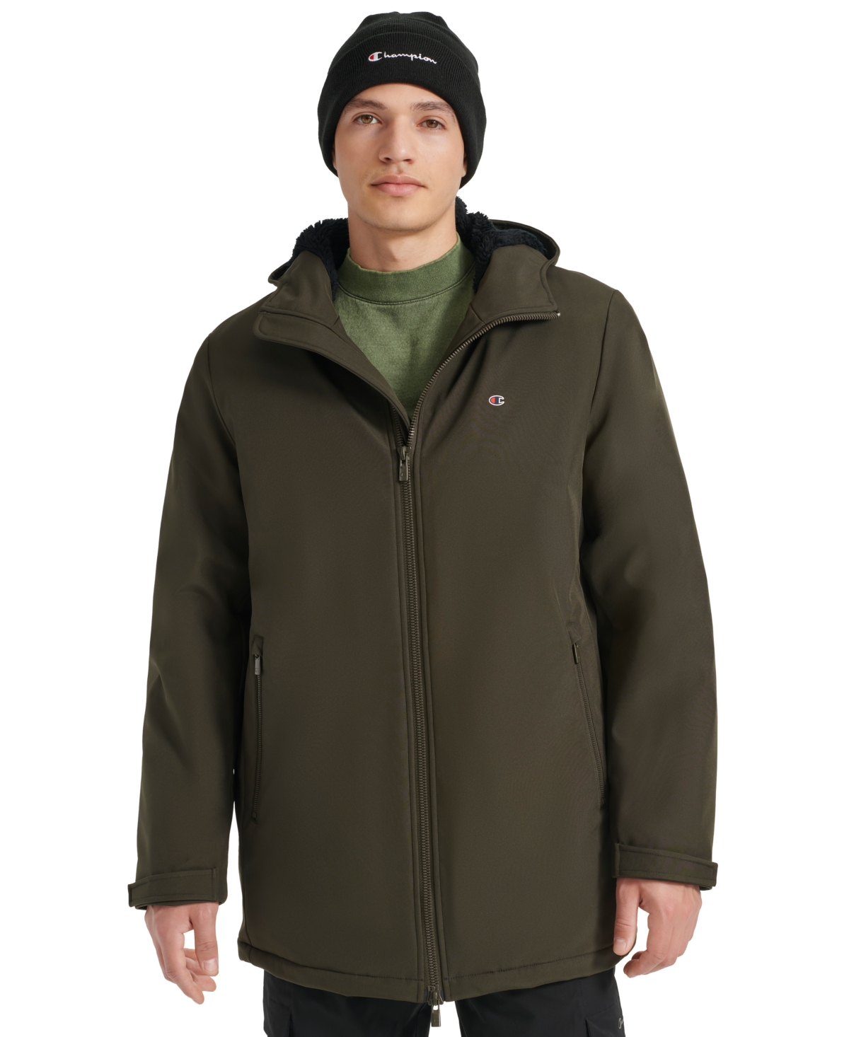 Men's Performance Hooded, Faux Sherpa-Lined Peacoat Jacket - Black