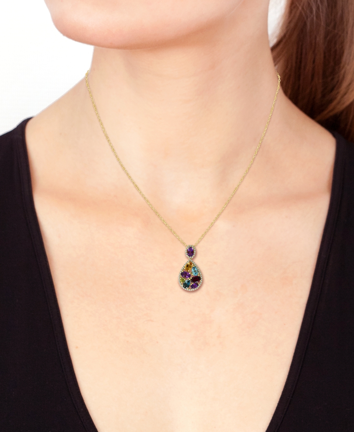 Effy Collection Effy Multi-gemstone (3-3/4 Ct. T.w.) & Diamond (1/4 Ct. T.w.) Pear Halo 18" Pendant Necklace In 14k In Yellow Gol