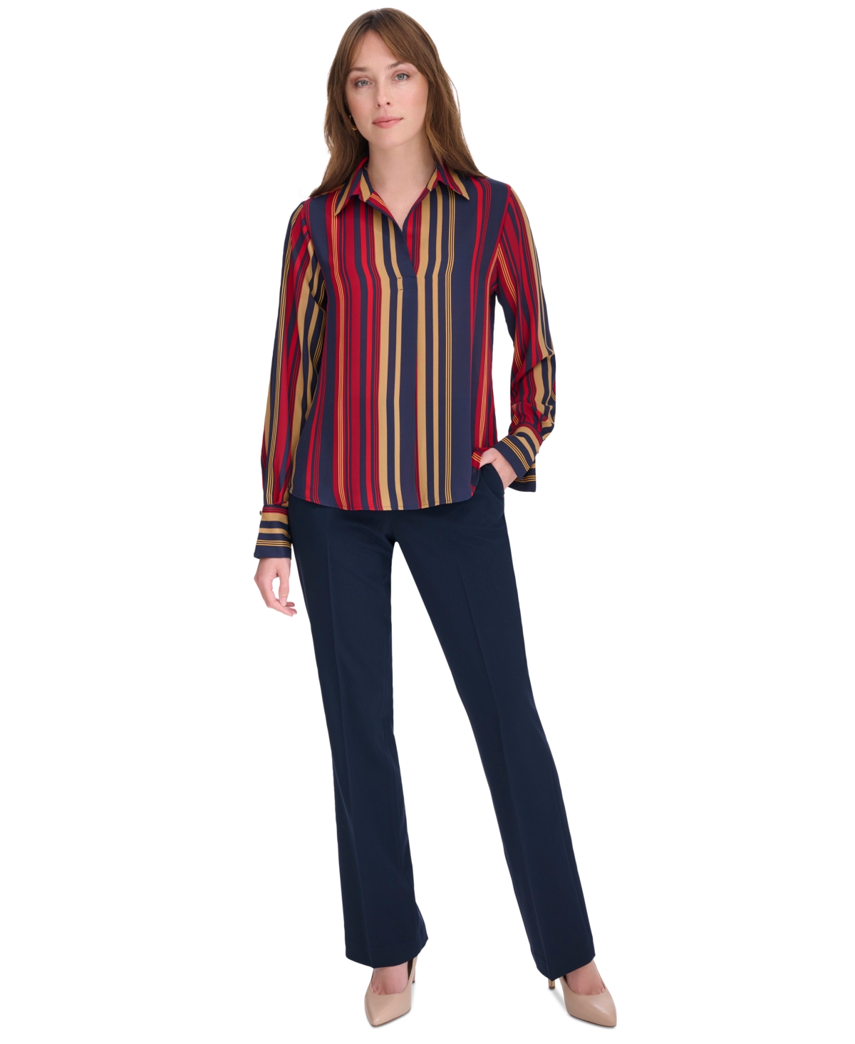 Tommy Hilfiger Women's Printed Collared Long-Sleeve Top -mult