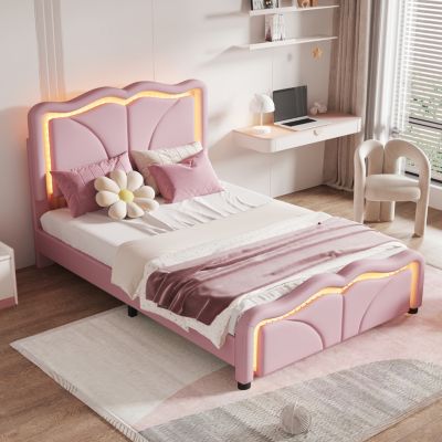 Twin Platform Bed with LED Lights and Adjustable Headboard