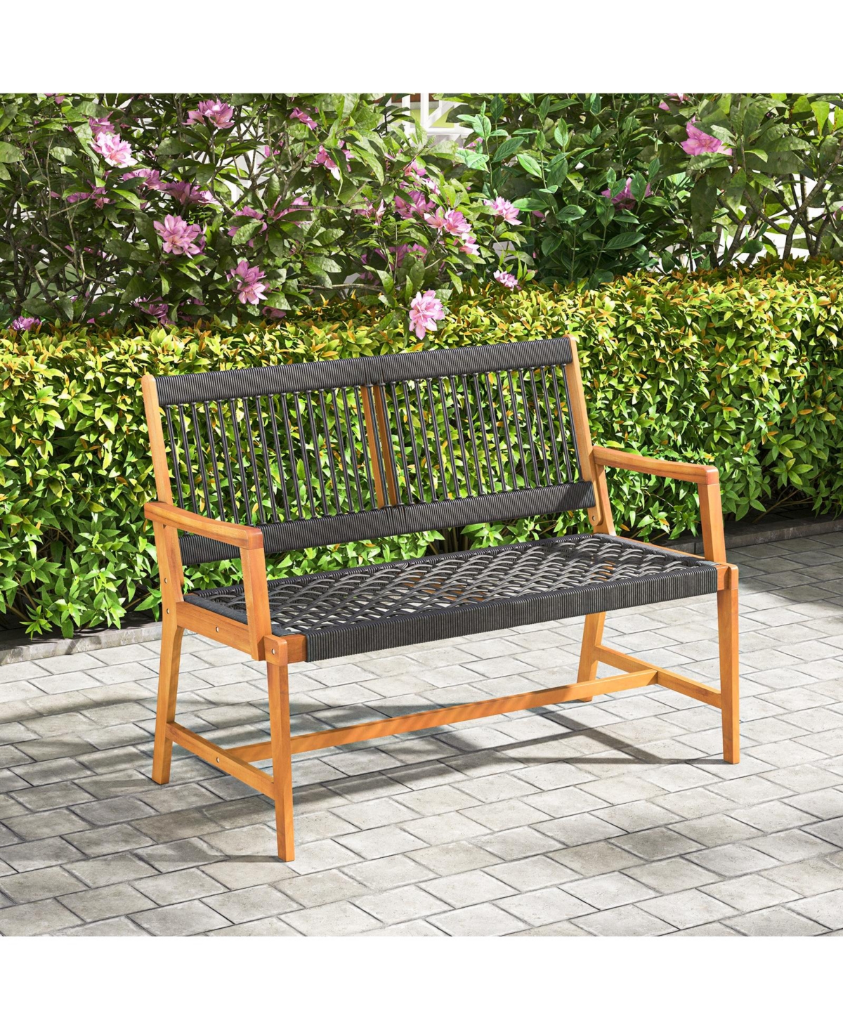 Slickblue Outdoor Acacia Wood Bench with Backrest and Armrests