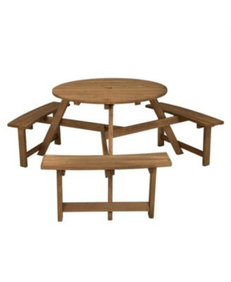 6-person Round Wooden Picnic Table with Umbrella Hole and 3 Built-in Benches-Dark Brown