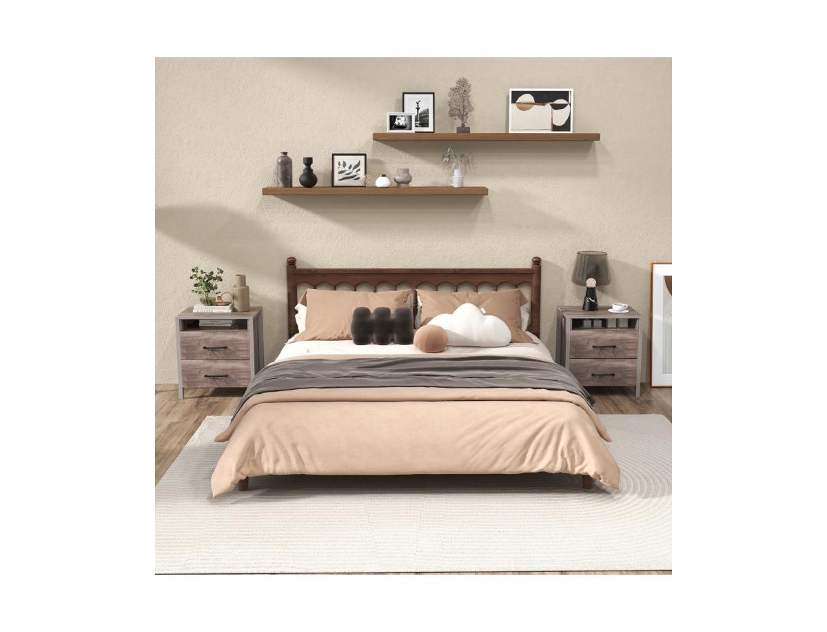 Slickblue Nightstand with 2 Drawers Farmhouse Bed Side Table with Open Storage Shelf- Grey