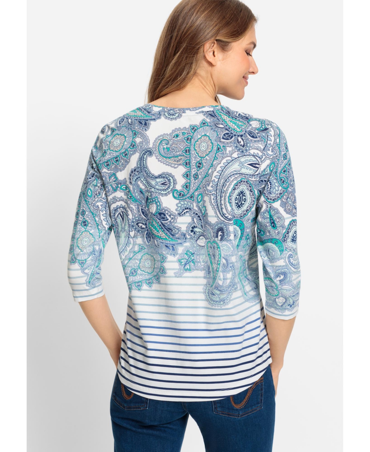 Olsen Women's Cotton Blend 3/4 Sleeve Paisley & Stripe T-Shirt
