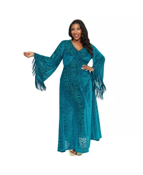 plus size fringed long bell sleeved ruched maxi dress
