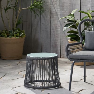 Boho-Chic Glass-Top End Table with Woven Rope Texture