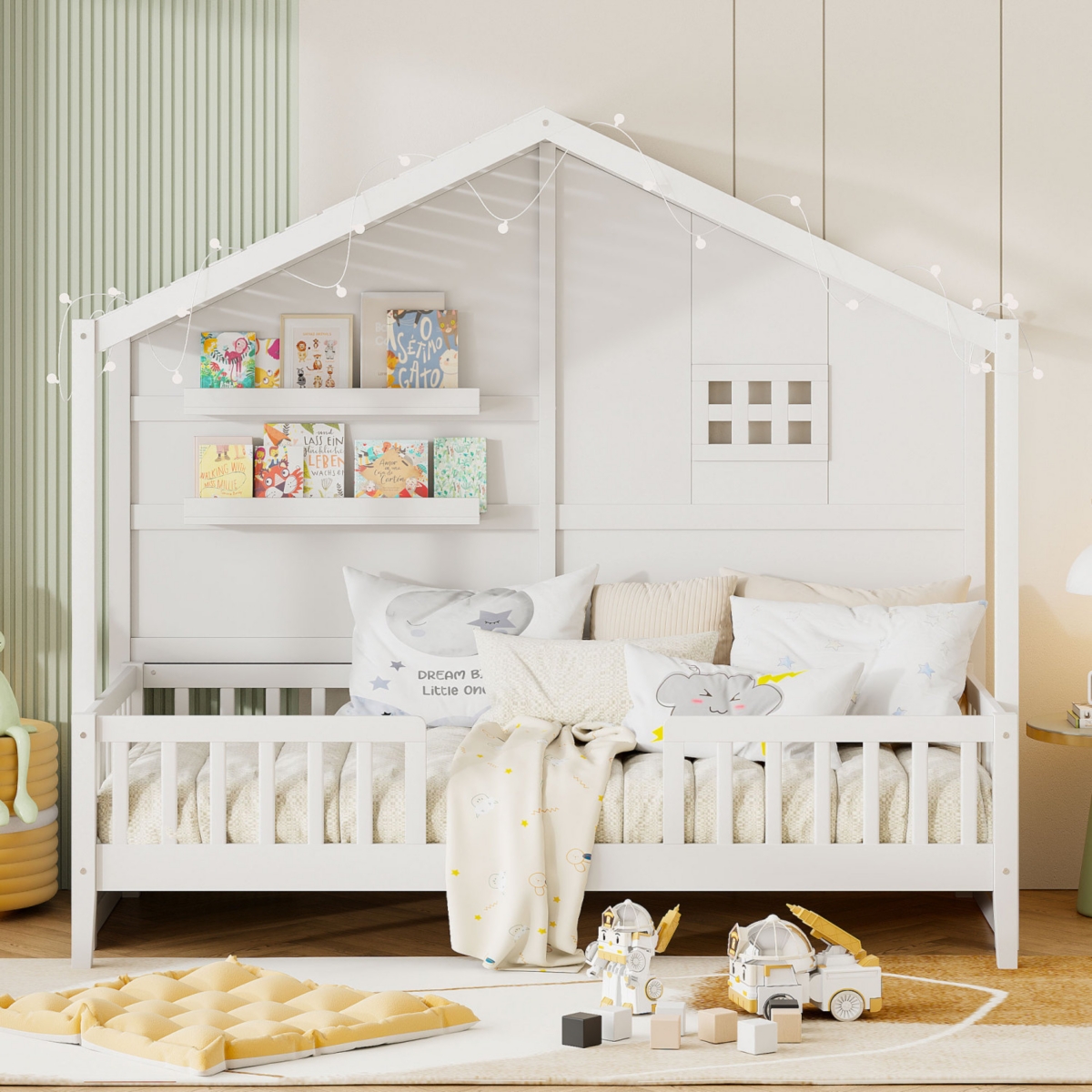 Streamdale Twin House Bed with Shelves, Window, and Lights