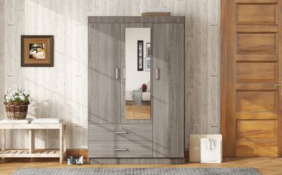 Streamdale 3-Door Mirror Wardrobe with shelves, Gray