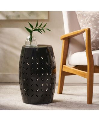 Streamdale Black Barrel-Shaped Lace-Cut Side Table for Patio or Garden