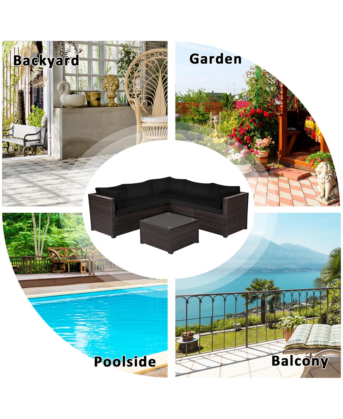 6PCS Patio Rattan Furniture Set Sectional Cushioned Sofa Deck