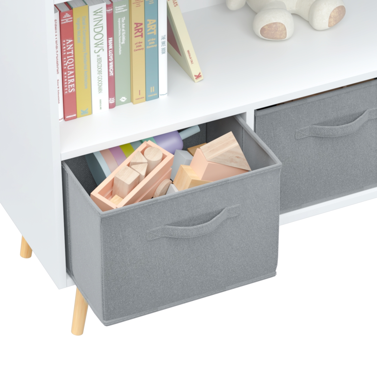 Streamdale Furniture Kids Bookcase with Fabric Drawers & Toy Storage - White+gray