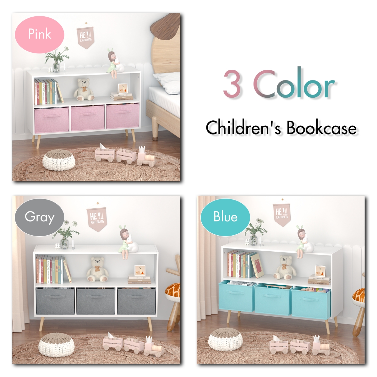 Streamdale Furniture Kids Bookcase with Fabric Drawers & Toy Storage - White+gray