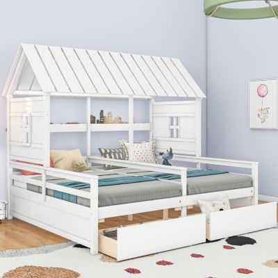 Twin Platform Bed Frames with Drawers, Combination of 2 Twin Beds