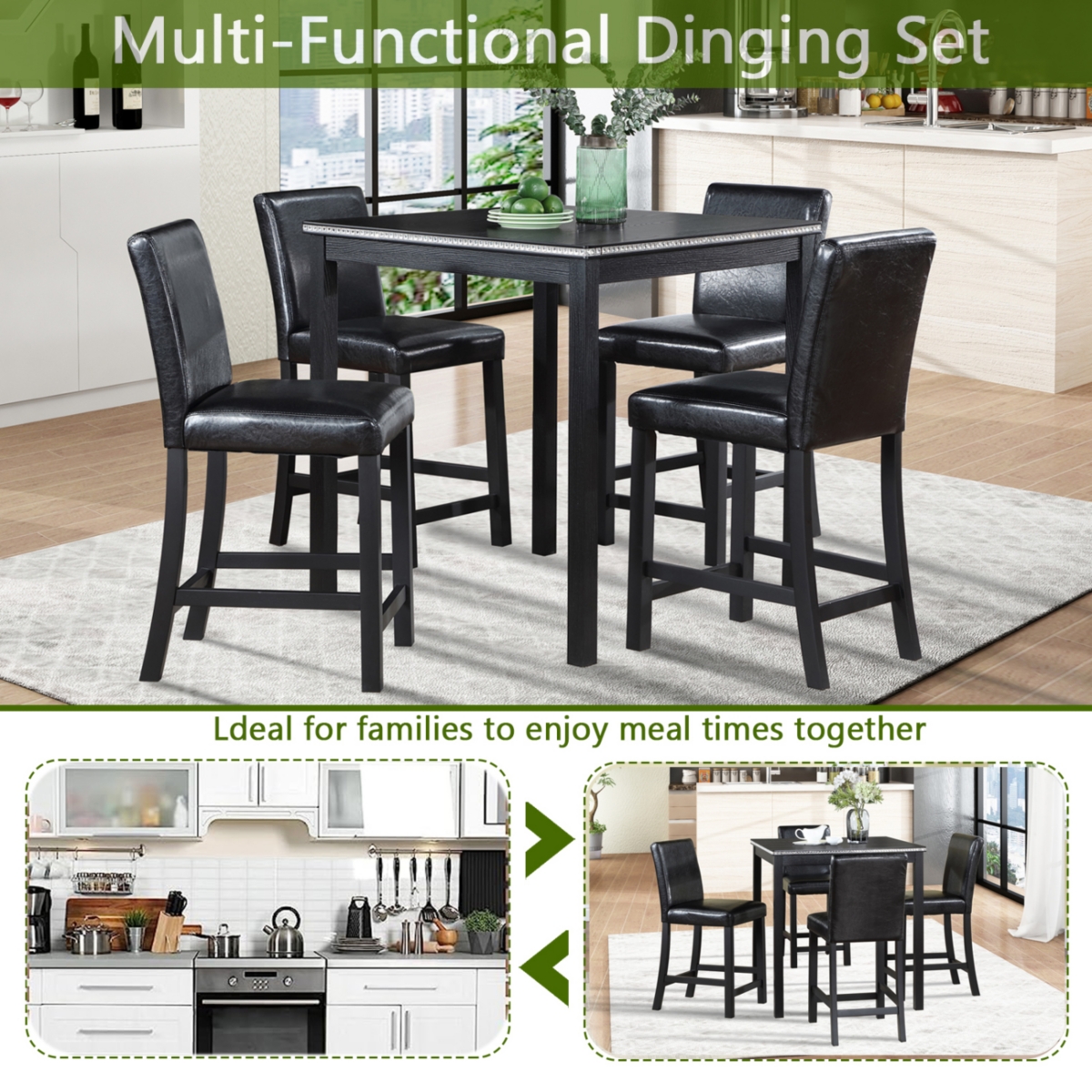 Simplie Fun Elegant Counter-Height Dining Set Table & 4 Upholstered Chairs