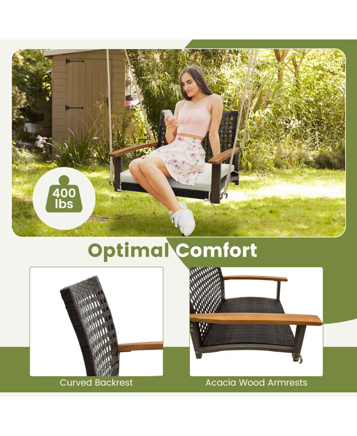 Slickblue Single Rattan Porch Swing with Armrests Cushion and Hanging Ropes- White