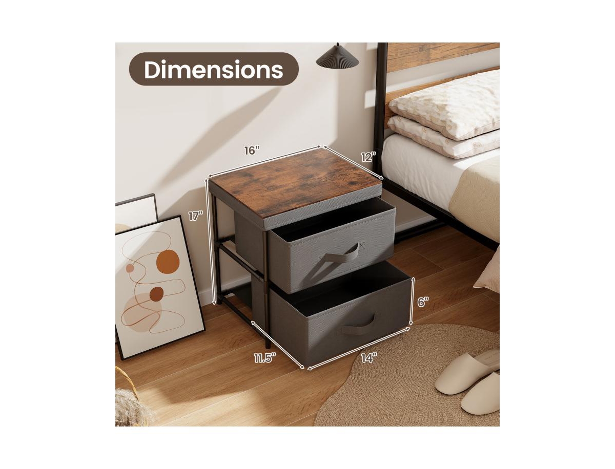Slickblue 2-Drawer Nightstand with Removable Fabric Bins and Pull Handles