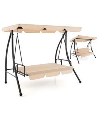 2-Seat Outdoor Convertible Swing Chair with Flat Bed and Adjustable Canopy-Beige